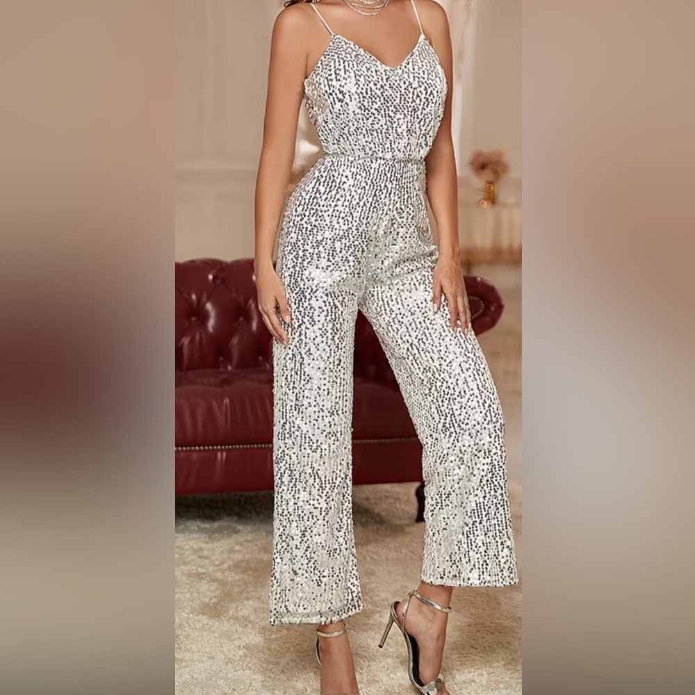 Sequin V-Neck Spaghetti Strap Jumpsuit - Silver